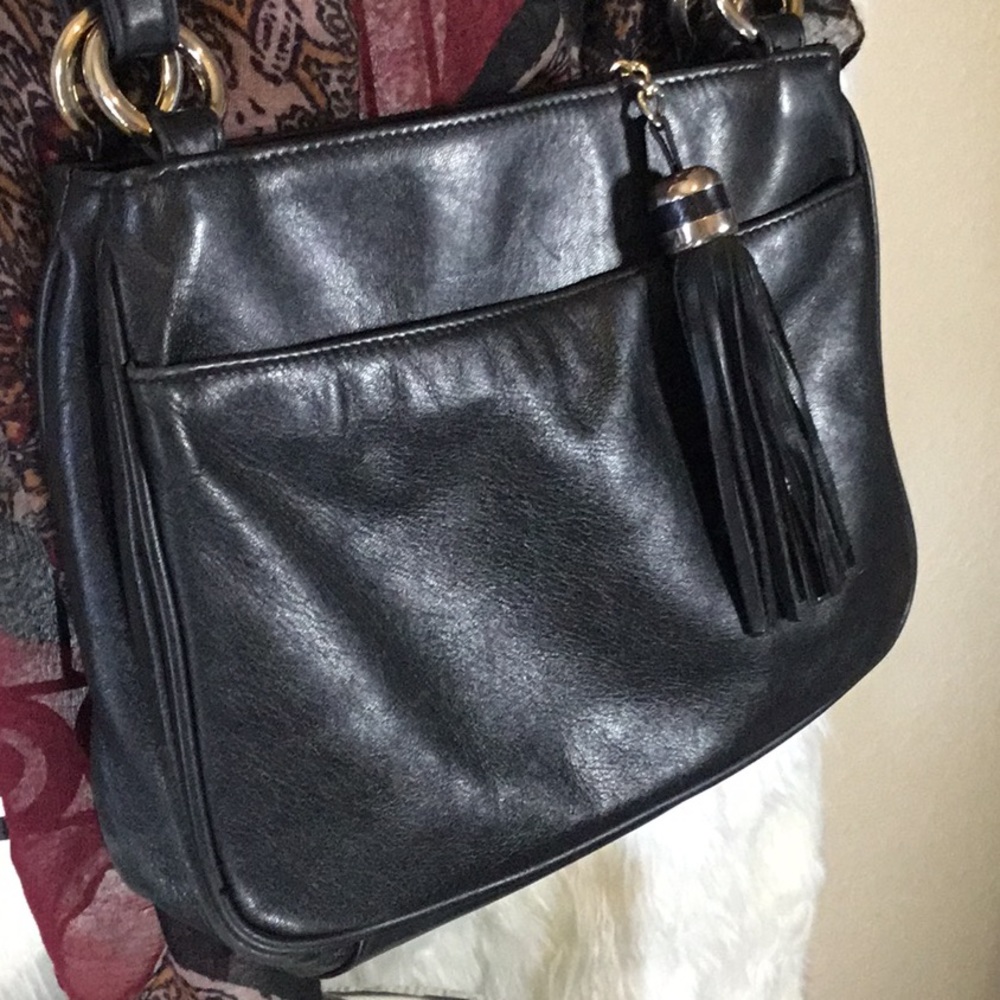 Black leather Tasseled Shoulder Crossbody bag